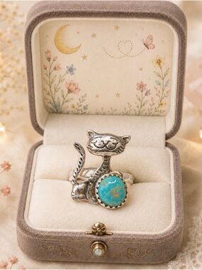 Ring Genuine Turquoise 925 Sterling Silver Cat Pet Animal